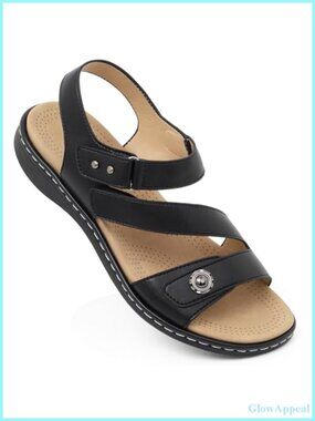 Women's Strappy Flat Sandals with Arch Support Adjustable Faux Leather